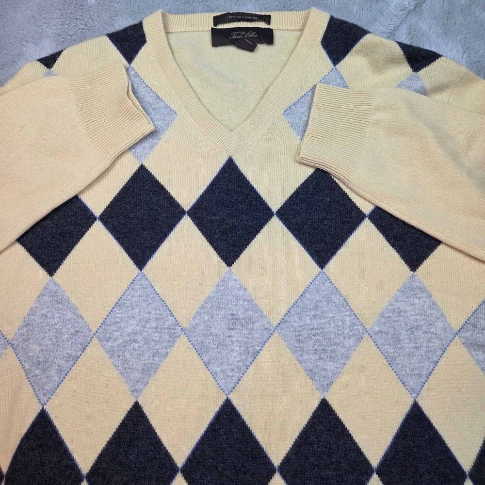 Tasso Elba Cashmere Sweater Mens Large Yellow Argyle V-Neck Long Sleeve Knit‎